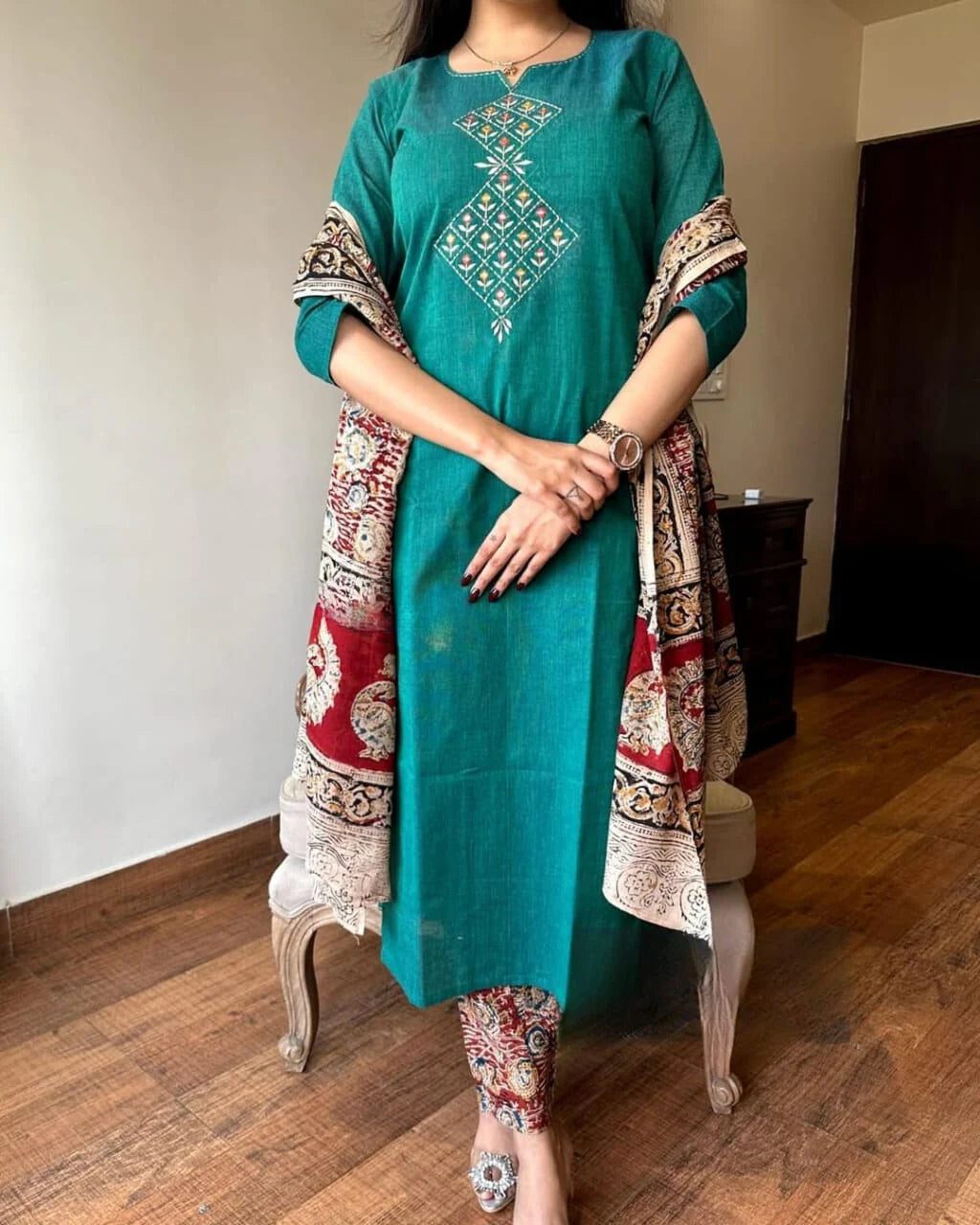 Handloom South Cotton Embroidered Kurta Set | 3-Piece Suit with Mulmul Dupatta | Ethnic Wear for Women