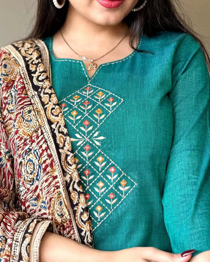 Handloom South Cotton Embroidered Kurta Set | 3-Piece Suit with Mulmul Dupatta | Ethnic Wear for Women