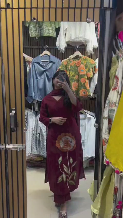 Maroon Floral Work Kurta Set with Dupatta for Women