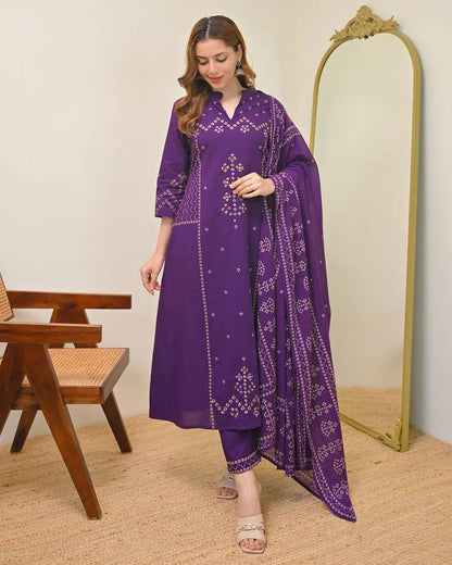 Purple Printed Kurta Pant Set with Dupatta for Women
