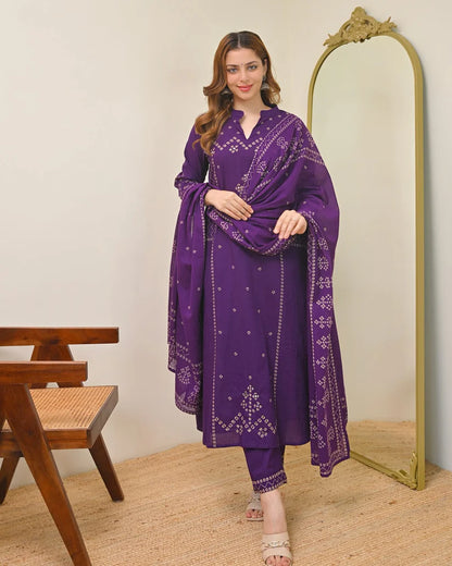 Purple Printed Kurta Pant Set with Dupatta for Women