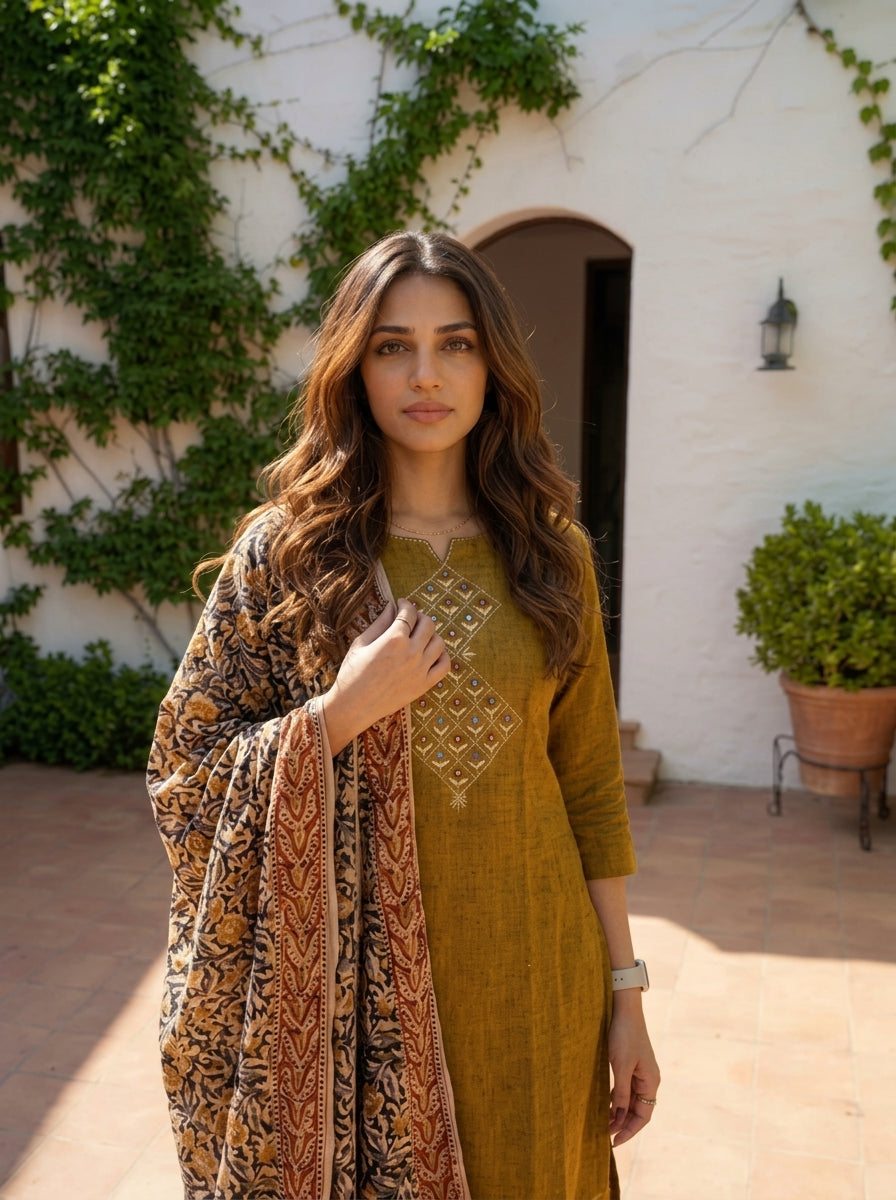 Handloom South Cotton Embroidered Kurta Set | 3-Piece Suit with Mulmul Dupatta | Ethnic Wear for Women