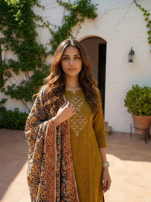Handloom South Cotton Embroidered Kurta Set | 3-Piece Suit with Mulmul Dupatta | Ethnic Wear for Women