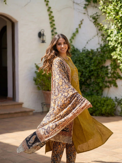 Handloom South Cotton Embroidered Kurta Set | 3-Piece Suit with Mulmul Dupatta | Ethnic Wear for Women