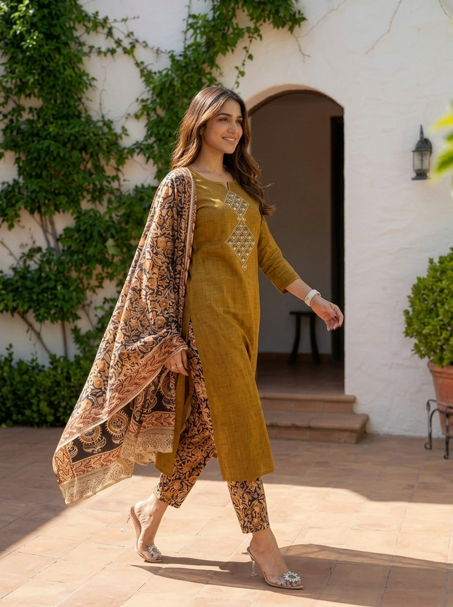 Handloom South Cotton Embroidered Kurta Set | 3-Piece Suit with Mulmul Dupatta | Ethnic Wear for Women