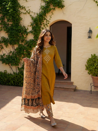 Handloom South Cotton Embroidered Kurta Set | 3-Piece Suit with Mulmul Dupatta | Ethnic Wear for Women